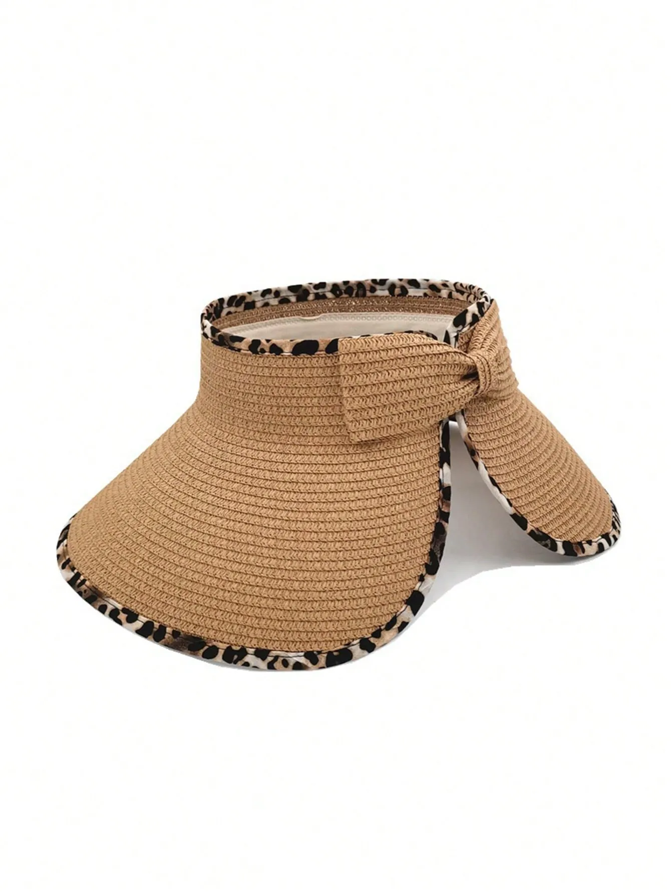 1pc Women's Leopard Print Border Summer Hat Foldable Roll Up Soft Beach Hat Straw Hat Travel, Seaside, Portable Bow