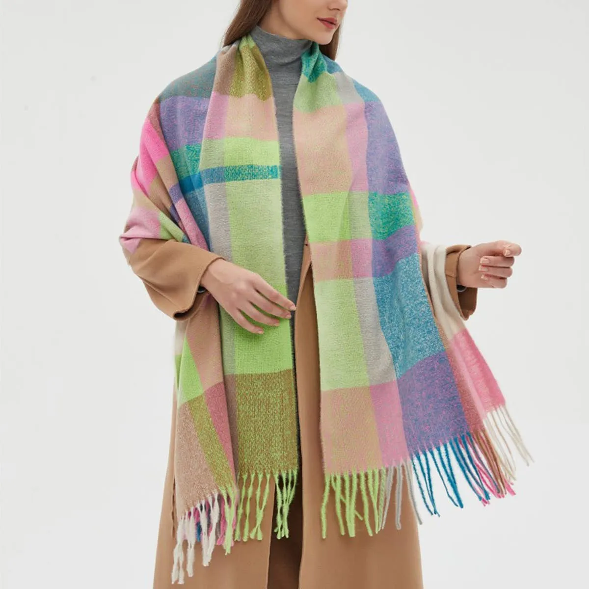 Accity | PLAID PATTERN COLORBLOCK FRINGE TRIM SCARF: PINK