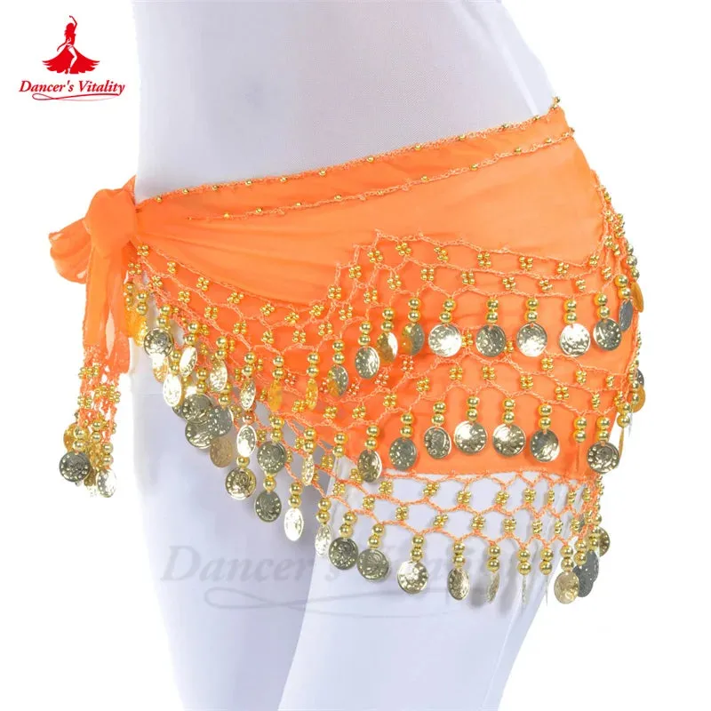 Belly Dance Belt for Women Chiffon Gold Coines Oriental Dancing Wear Accessies Girl's Chiffon Silver Coines Bellydance Hip Scarf