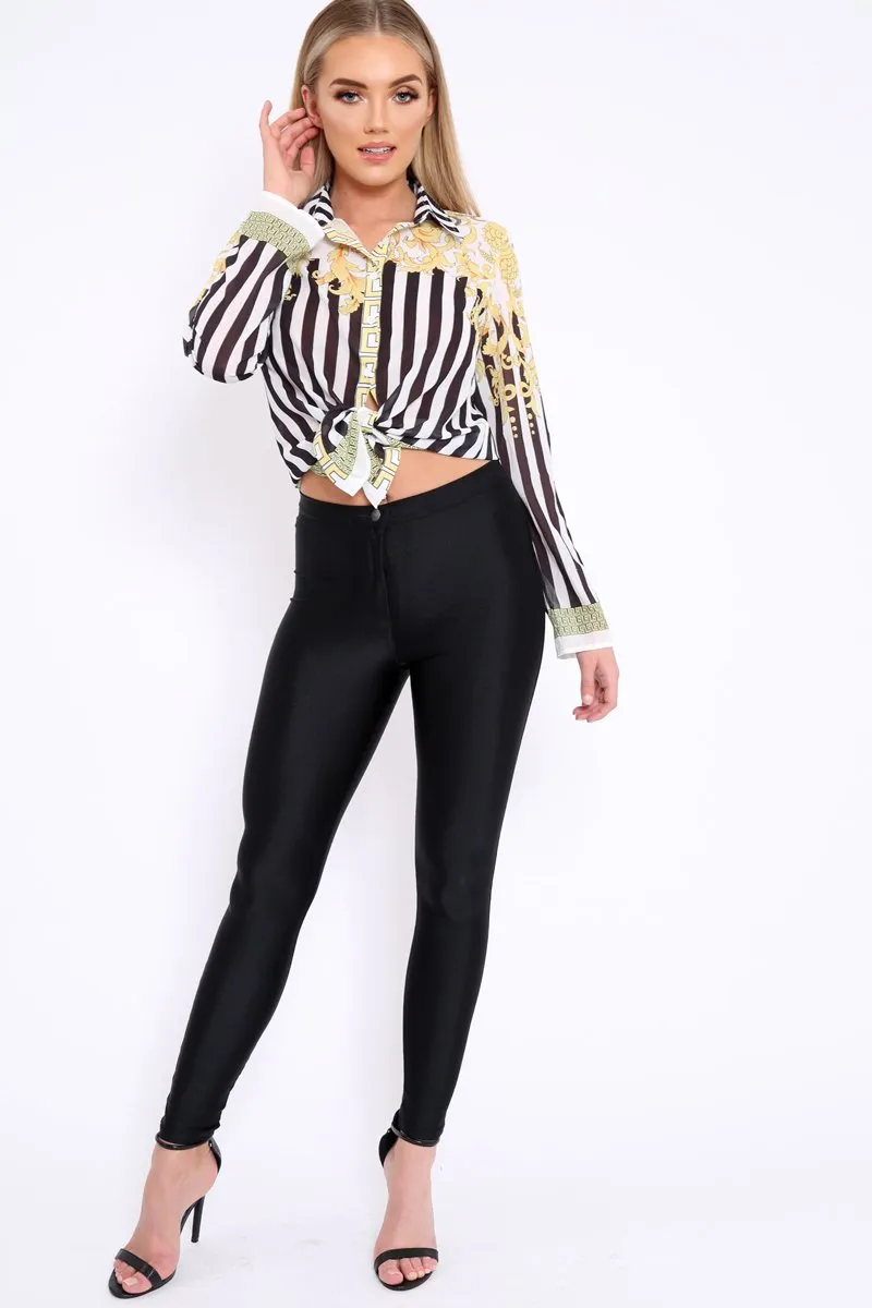 Black and White Striped Shirt with Gold Scarf Print Detail - Jalana