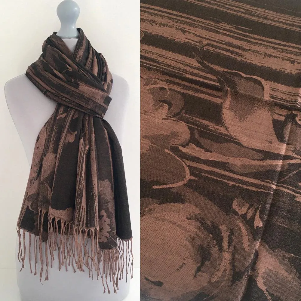 BLACK BRONZE REVERSIBLE PASHMINA SHAWL SCARF IN ABSTRACT FLORAL PRINT