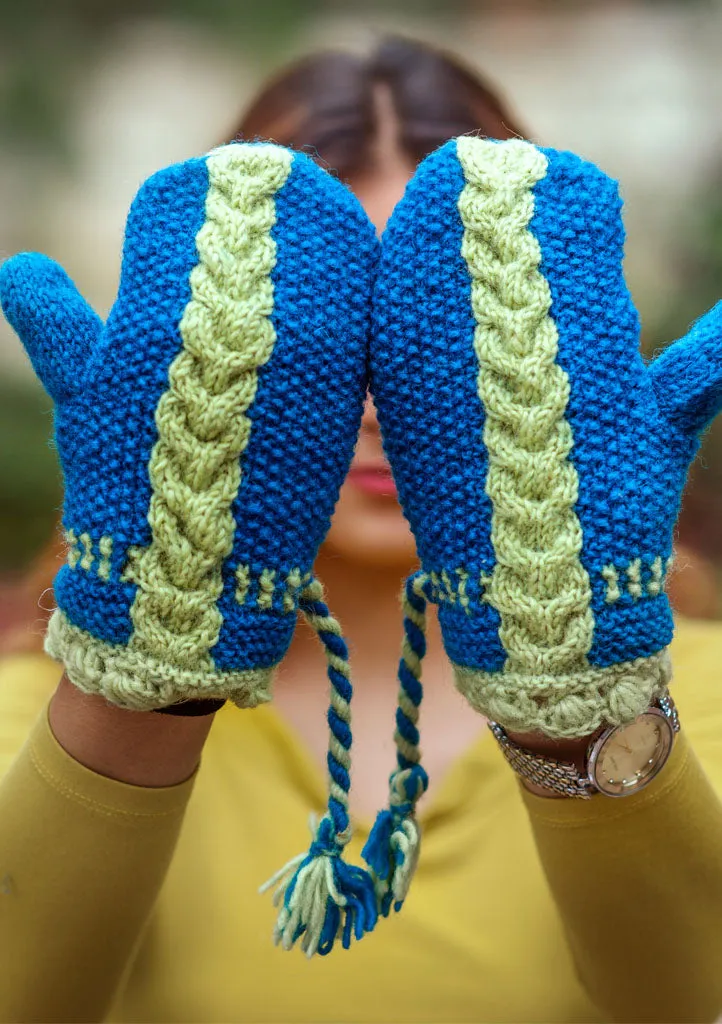 Blue with Lime Lining Soft Wool Mittens