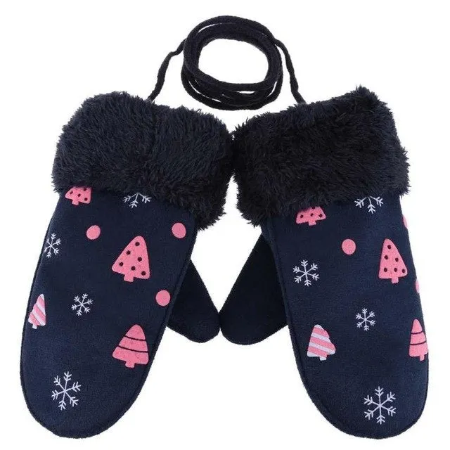 Cute Children Boys Girls Winter Warm Cartoon Tree Snowflake Print Gloves