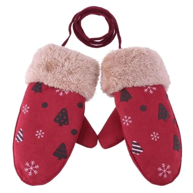 Cute Children Boys Girls Winter Warm Cartoon Tree Snowflake Print Gloves