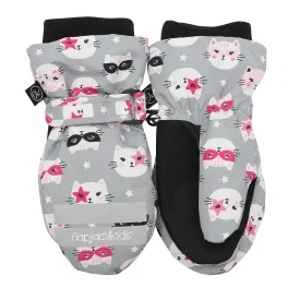 Flapjack Kids Water Repellent Ski Mittens Cat Grey