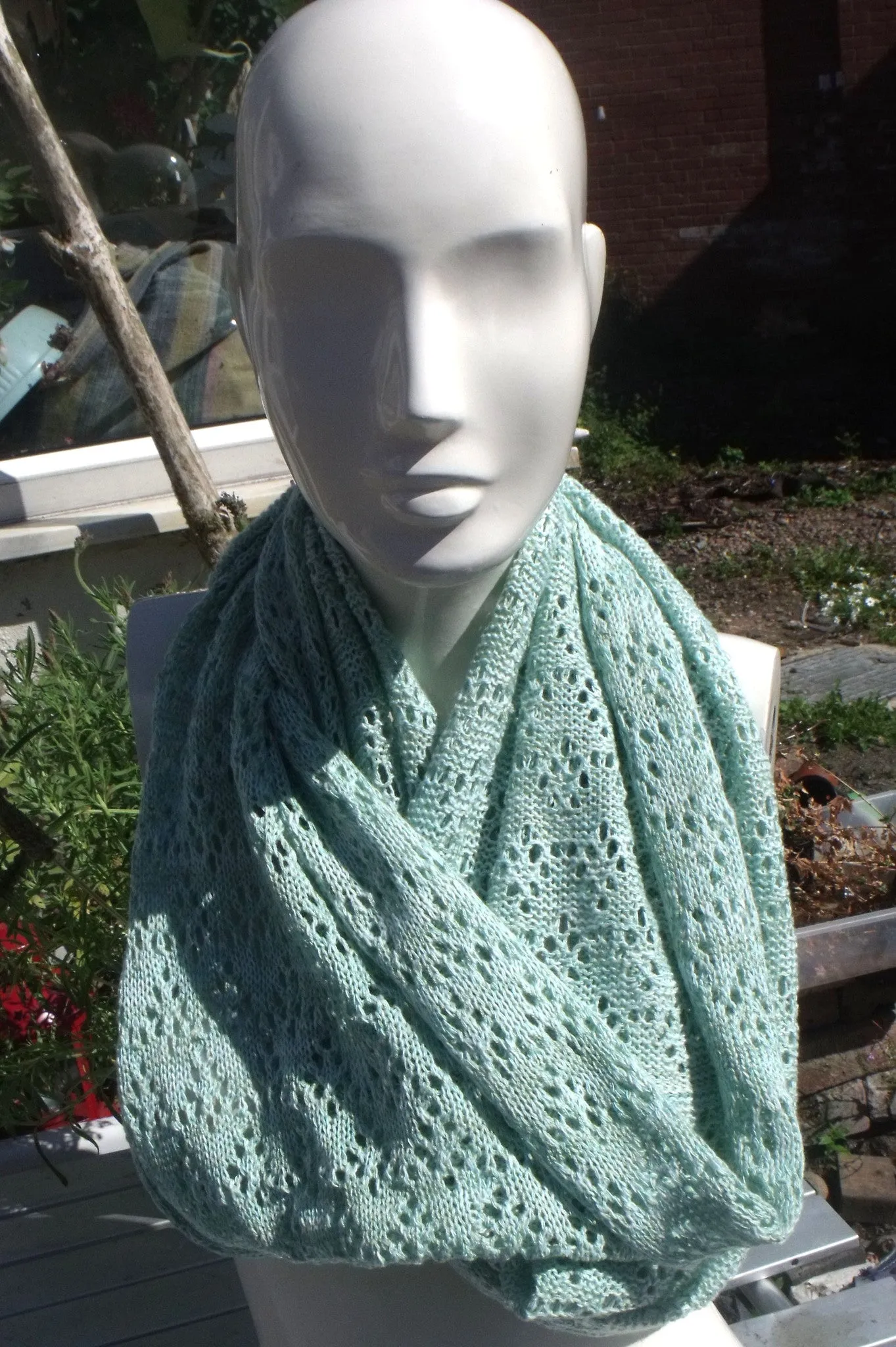 Handmade, lace knit infinity scarf, Cowl, pistachio green coloured