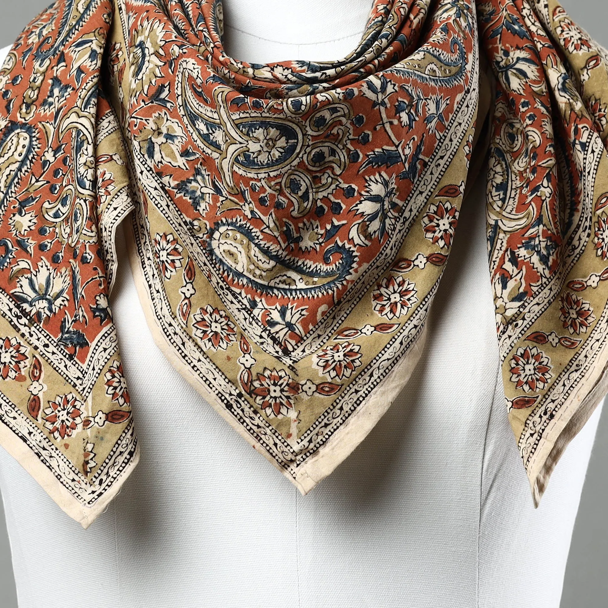 Orange - Pedana Kalamkari Block Printed Natural Dyed Cotton Scarf 15