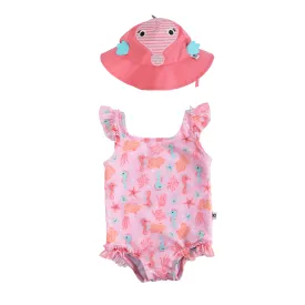 Ruffled Swimsuit   Sunhat 2pc Set Seahorse