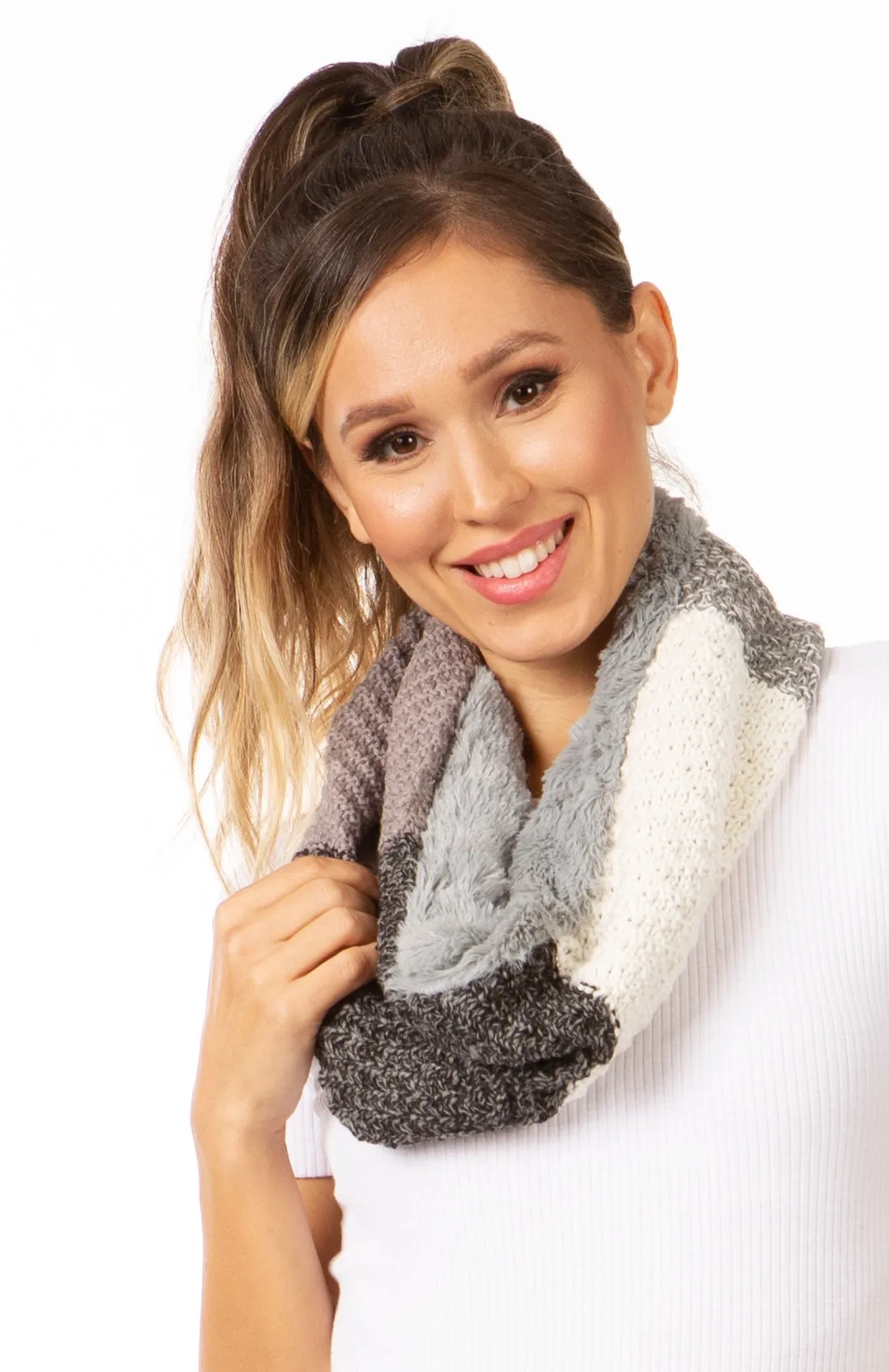 Sakkas Julie Short Wrap Around Two Sided Faux Fur And Ribbed Knit Infinity Scarf