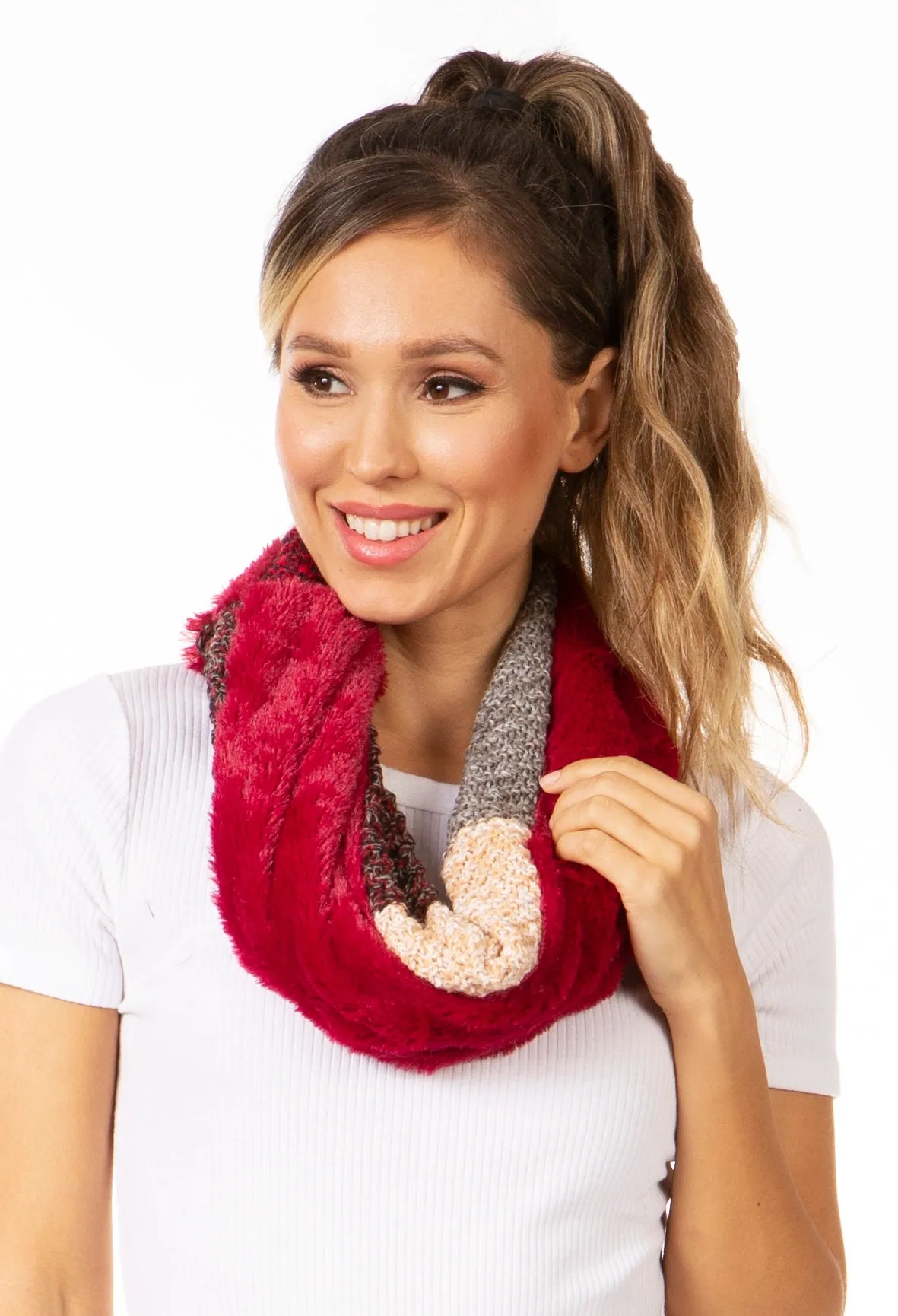 Sakkas Julie Short Wrap Around Two Sided Faux Fur And Ribbed Knit Infinity Scarf