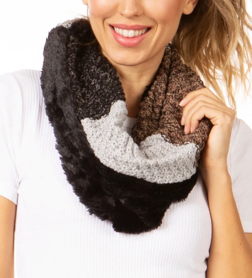 Sakkas Julie Short Wrap Around Two Sided Faux Fur And Ribbed Knit Infinity Scarf