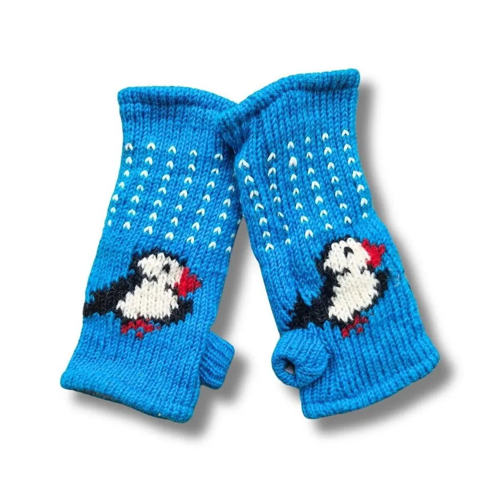 Turquoise Puffin Wrist Warmers (100% Handknitted Wool)