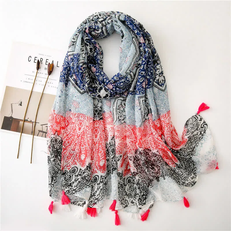 Women's Bohemian Print Floral Tassel Scarf