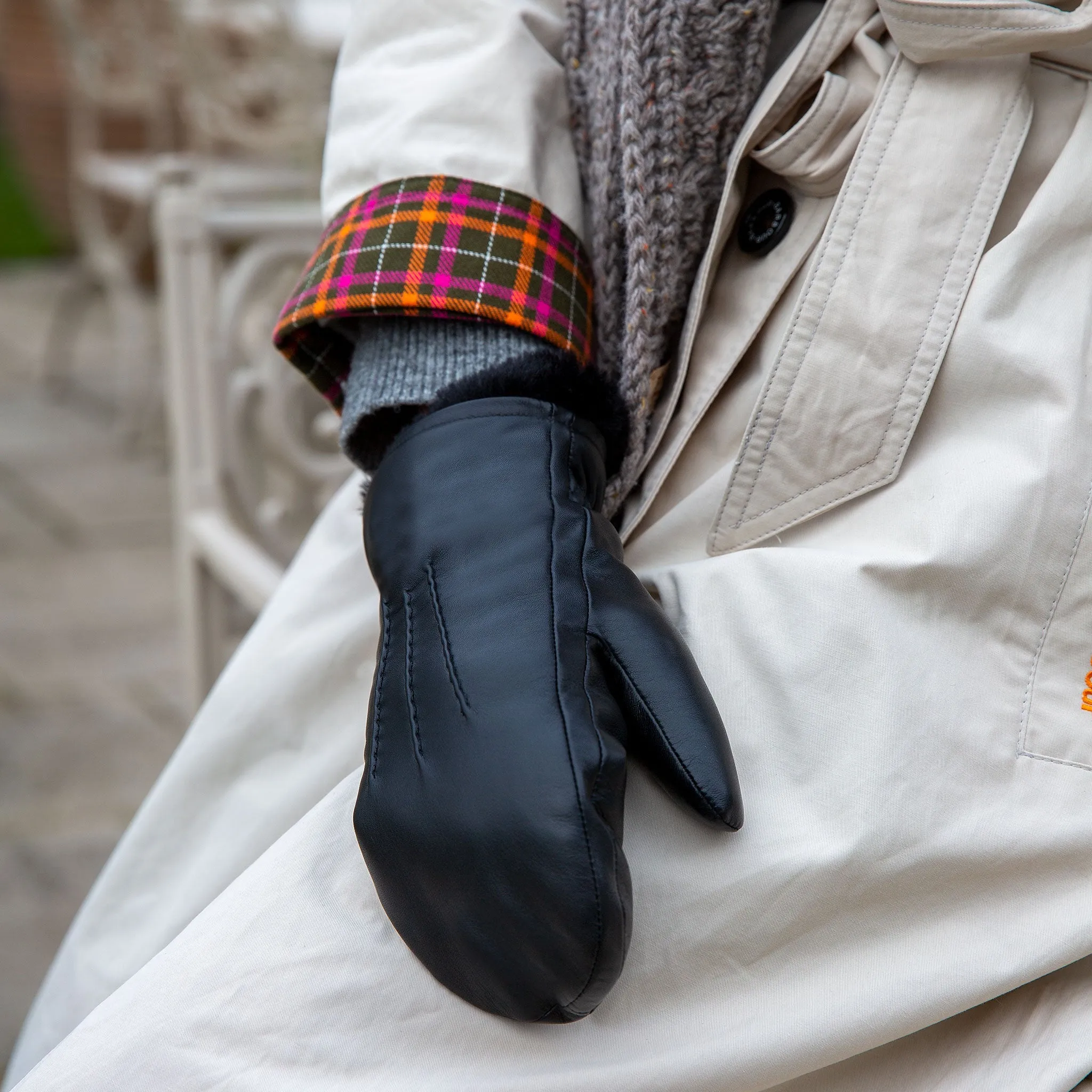 Women’s Three-Point Faux Fur-Lined Leather Mittens